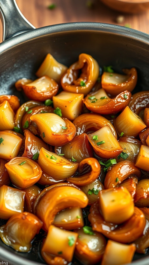 Caramelized onions in a skillet, garnished with herbs, on a rustic wooden table.